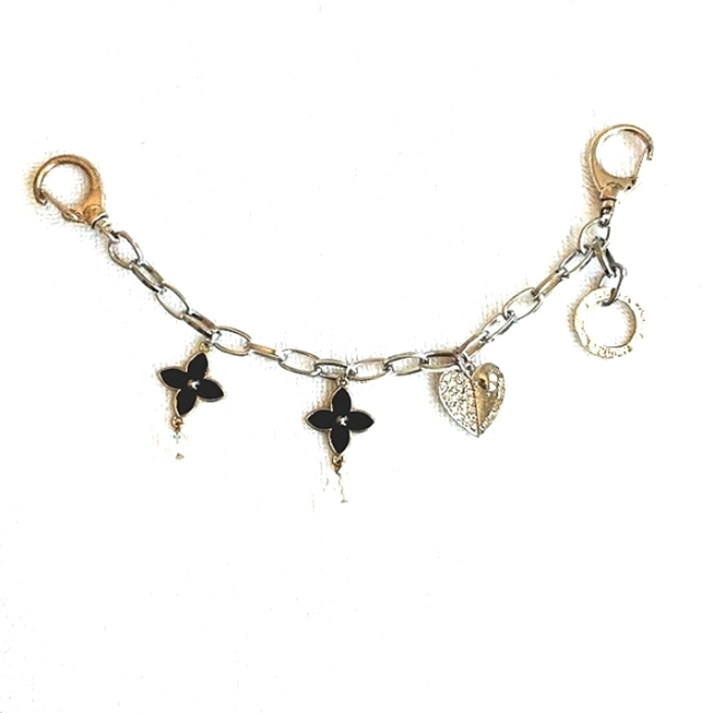 Michael Kors Charms Flower PURSE CHAIN 2 Black Enameled Fleur de Lis Flowers - Picture 2 of 9